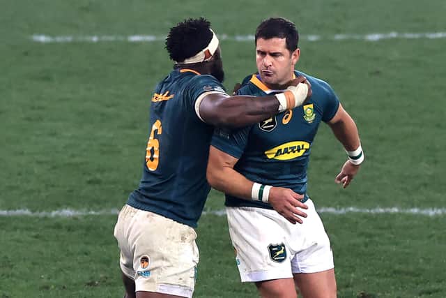 SERIES WIN: Morne Steyn of South Africa, who scored the late winning penalty, celebrates with his captain Siya Kolisi during the third test match between Springboks and the British & Irish Lions. Picture: David Rogers/Getty Images.