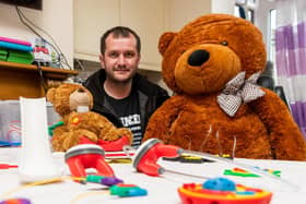 Nick Hardman, pictured in his 3D Toy Shop studio, has made cuddly toys with custom brain implants to match those belonging to children with hyrocephalus