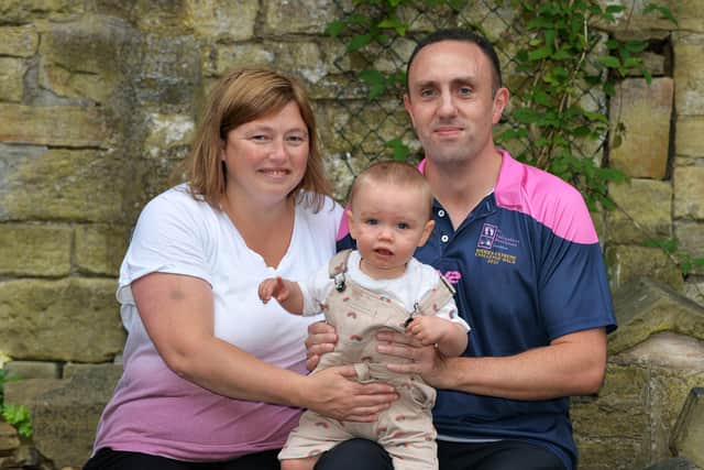 Ben Moorhouse is doing a  150-mile nonstop Extreme Challenge Walk in Rhodes, in memory of his daughter who was stillborn in 2018. Pictured with his partner Gaynor and son Apollon.
Picture : Jonathan Gawthorpe