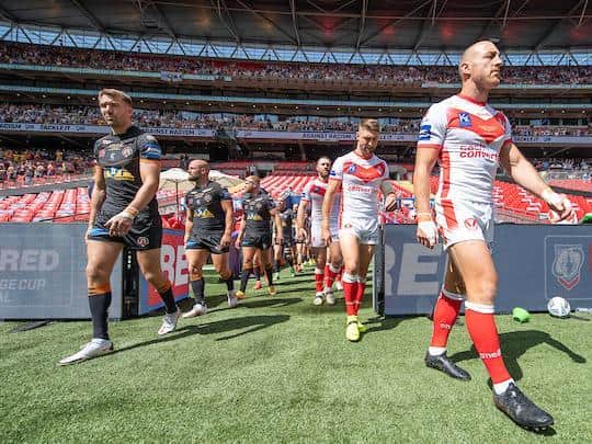 Castleford Tigers and St Helens walk out at Wembley for the 2021 Challenge Cup final. Picture by Allan McKenzie/SWpix.com.