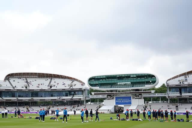 Warming up: England players on the pitch ahead of day one of the cinch Second Test at Lord's, London.