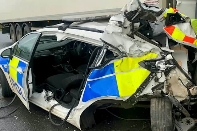 He ploughed his HGV into the back of a stationary police car after ignoring a lane closure and smoking cannabis