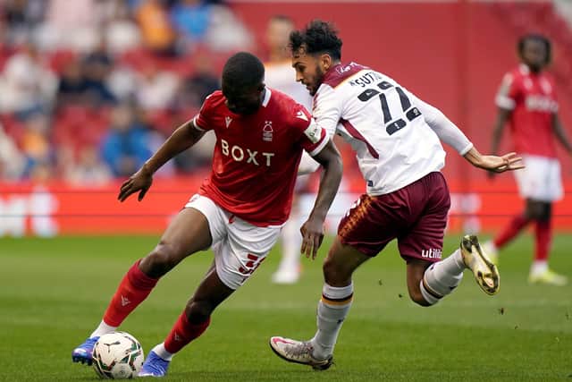 Nottingham Forest's Tyrese Fornah (left) takes on Bradford City's Levi Sutton.