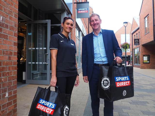 Sports Direct and USC Manager Debbie Colville and Wykeland Group Property Director David Donkin outside the new concept store at Beverley’s Flemingate centre.
