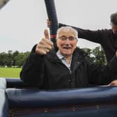 D-Day Hero Ron Shelley, alongside his son Peter, fulfilling a lifelong dream to ride a hot air balloon at York Racecourse.