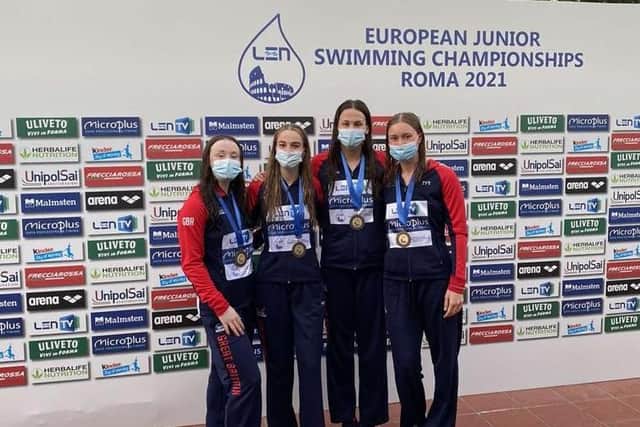 Teammates Lucy Grieves, Leah Schlosshan, Tamryn Van Selm and Katie Shanahan at the European Junior Swimming Championships in Rome.