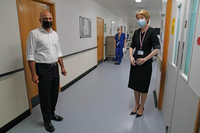 Health Secretary Sajid Javid alongside Amanda Pritchard, chief executive of NHS England, during a visit to Milton Keynes University Hospital.