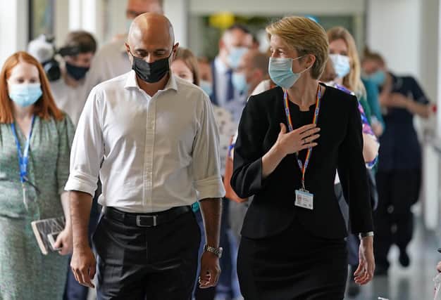 Health Secretary Sajid Javid alongside Amanda Pritchard, chief executive of NHS England, during a visit to Milton Keynes University Hospital.