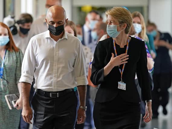 Health Secretary Sajid Javid alongside Amanda Pritchard, chief executive of NHS England, during a visit to Milton Keynes University hospital as the Government prepares to further ease Covid rules in England. Picture: Jacob King/PA Wire