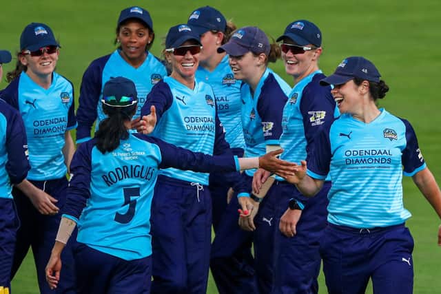 Jemimah Rodrigues celebrates with her Yorkshire Diamonds team-mates in 2019 (Picture: SWPix.com)