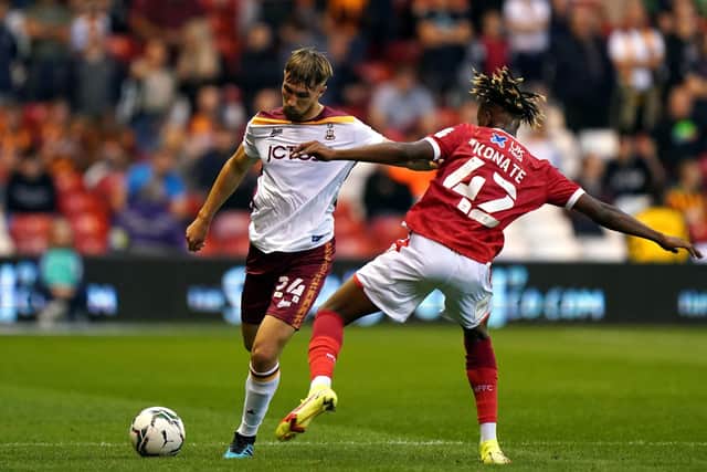 Nottingham Forest's Ateef Konate and Bradford City's Finn Cousin-Dawson battle for the ball during the Carabao Cup first round match at the City Ground, Nottingham. (Picture: PA)