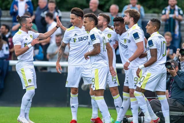 Optimism abounds: Leeds United’s players celebrate scoring a goal in pre-season ahead of their second tilt at life in the Premier League. (Picture: Bruce Rollinson)