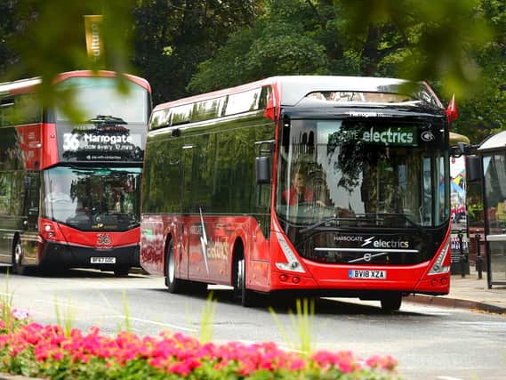 Electric buses are pictured already operating in Harrogate amid plans for a multi-million pound bid to introduce a fleet of environmentally-friendly vehicles in the North Yorkshire district. (Photo: North Yorkshire County Council)