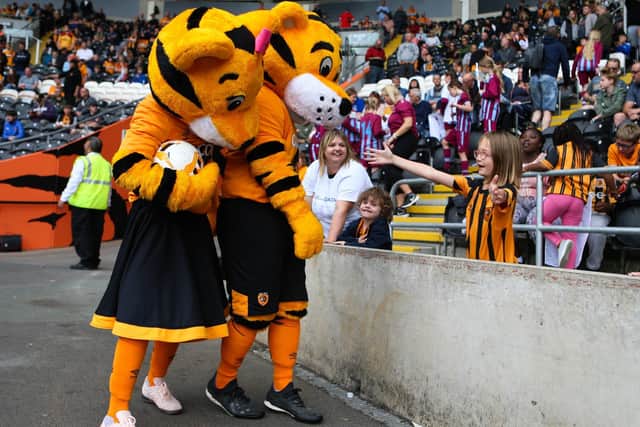 The Hull City mascots interact with fans during the Sky Bet Championship match at the MKM Stadium, Hull. (Picture:: Isaac Parkin/PA)