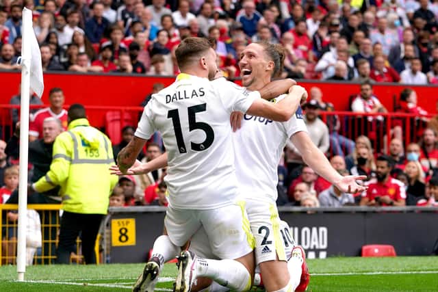 Leeds United's Luke Ayling (right) celebrates with team-mate Stuart Dallas after scoring their side's first goal (Picture: PA)