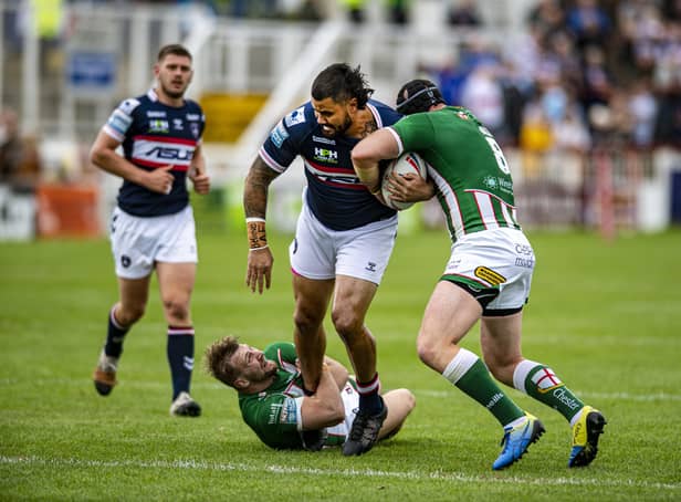 Wakefield Trinity's David Fifita causes problems for the Wolves defense. (Picture: Tony Johnson)