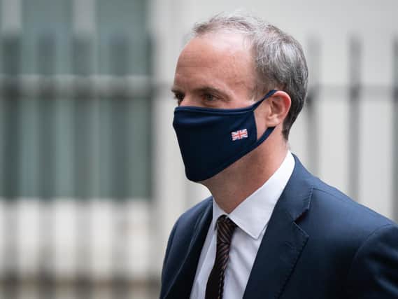 Foreign Secretary Dominic Raab in Downing Street, London as Prime Minister Boris Johnson holds a third Cobra meeting in four days on Monday afternoon as a desperate struggle to get UK nationals and local allies out of the country continues (PA/Stefan Rousseau)