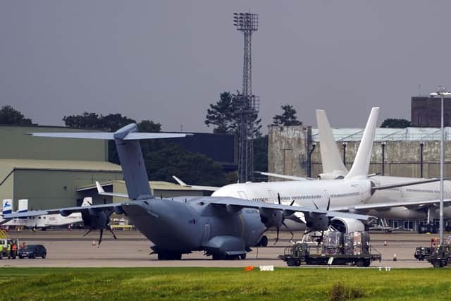 Planes at RAF Brize Norton in Oxfordshire. British troops are racing against the clock to get remaining UK nationals and their local allies out of Afghanistan following the dramatic fall of the country's Western-backed government to the Taliban.