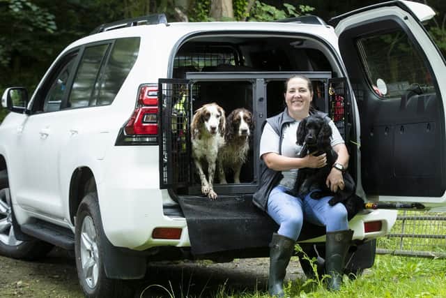 Rachael Flavell, 33, with (left to right) Willow, Max and Stig. (Credit: F Stop Press Ltd)