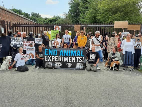 Protestors outside B&K Universal in Grimston, East Yorkshire.