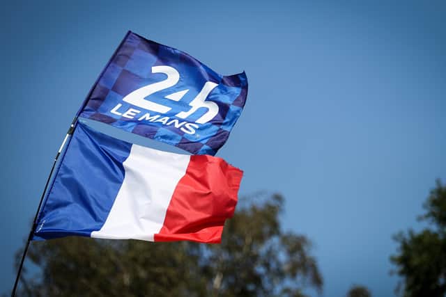 A french flag and a 24 Hours Le Mans flag at the Le Mans 24 Hour Test Day on August 15, 2021 in Le Mans, France. (Picture: James Moy Photography/Getty Images)