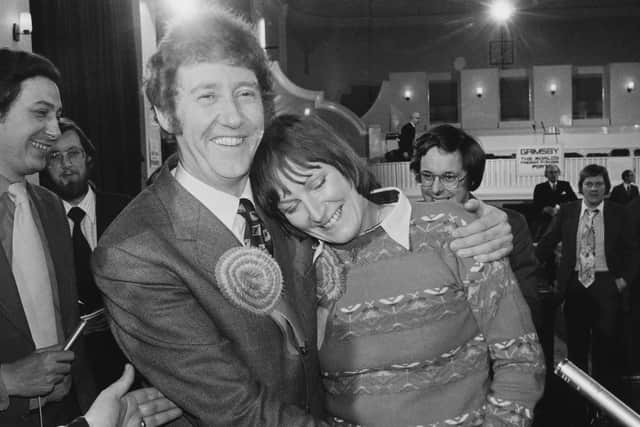 Austin Mitchell celebrates his election with his wife Linda McDougall in 1977. (Photo by Evening Standard/Hulton Archive/Getty Images)