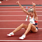 Seventh heaven: Alexandra Bell of Leeds celebrates the end of her Olympic journey, finishing seventh in the 800m final in Tokyo, five weeks after thinking her career was over. (Picture: Ryan Pierse/Getty Images)