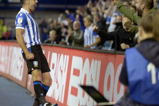 DELIGHT: Lee Gregory celebrates his first Sheffield Wednesday goal with the Hillsborough fans