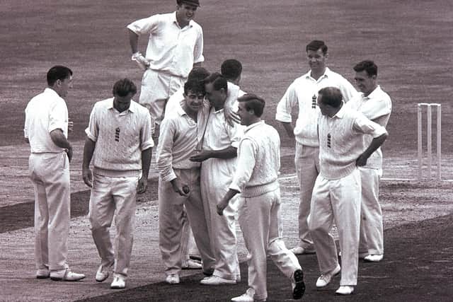 TAIl-END: Fred Trueman celebrates taking his 300th Test Wicket during the Fifth Test against Australia at the Oval in London in 1964. Mandatory Credit: Allsport Hulton/Getty Images.