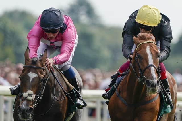 Stradivarius and Frankie Dettori (right) beat Spanish Mission and William Buick in a thrilling finish to the Lonsdale Cup.