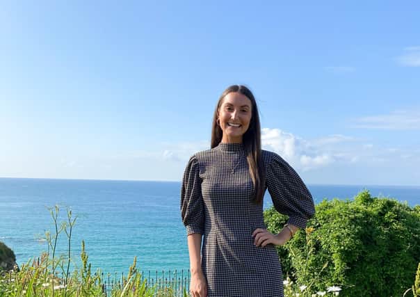 Georgia Earnshaw in Newquay on her recent staycation holiday to Devon and Cornwall, wearing a dress from Mango, available at John Lewis online and also in store at John Lewis Leeds.