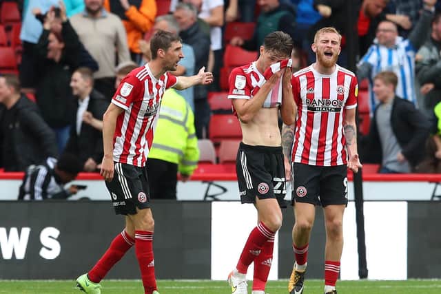 Sheffield United's Chris Basham  leads an inquest into Town's winning goal., Sheffield. Pictures: Simon Bellis / Sportimage