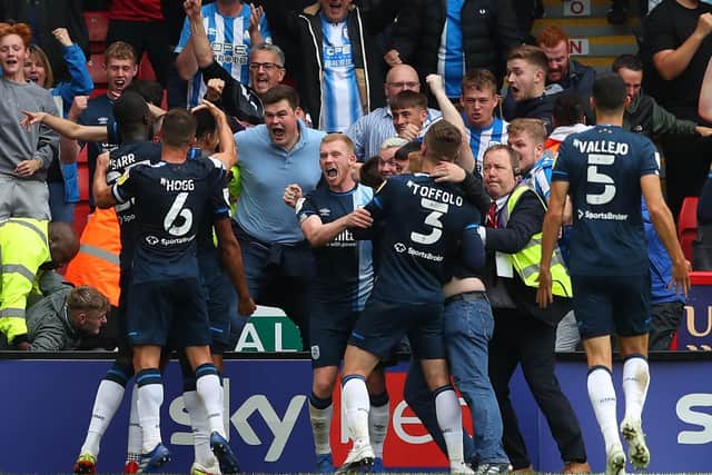 Huddersfield's Levi Colwill is mobbed after scoring the winning goal, Sheffield. Pictures: Simon Bellis / Sportimage