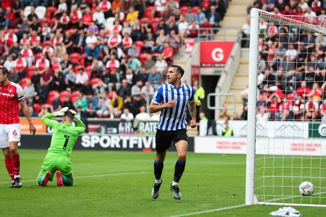 Sheffield Wednesday's Lee Gregory celebrates scoring his side's second goal of the game at the New York Stadium: Isaac Parkin/PA