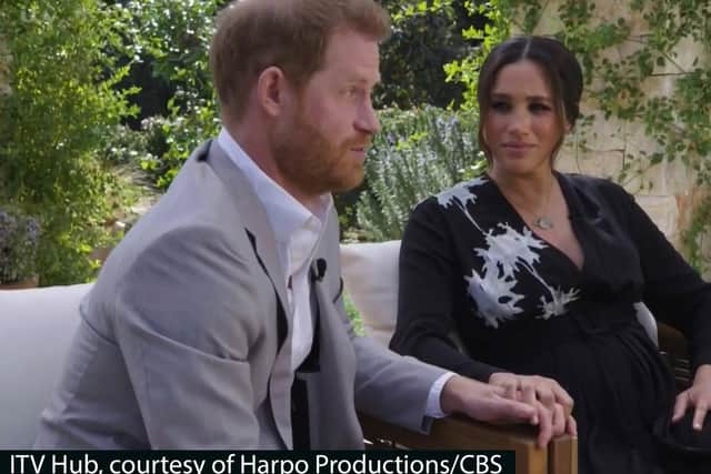 The Duke and Duchess of Sussex during their bombshell interview with Oprah Winfrey.  Photo: ITV Hub /Harpo Productions/CBS/PA Wire.