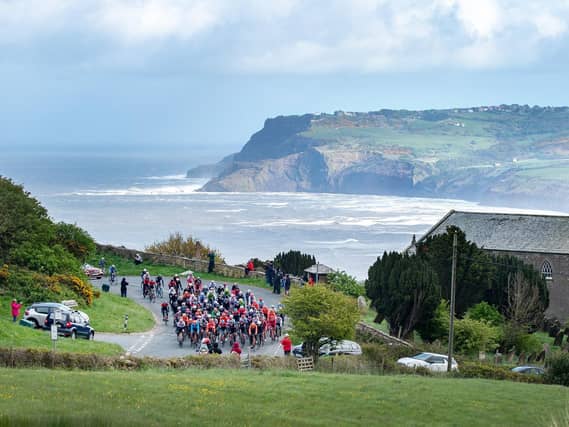 The peloton climb Cote de Hooks House Farm on stage three of the Tour de Yorkshire in 2019
