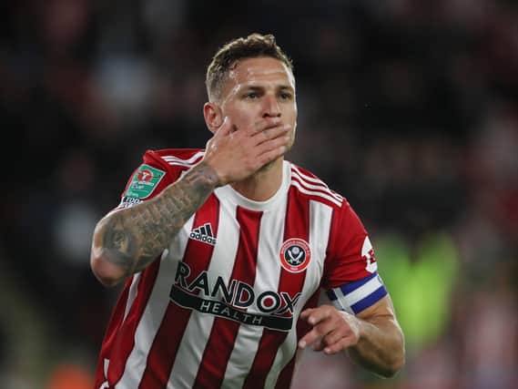 Billy Sharp after his winning goal for Sheffield United against Derby County. Picture: Sportimage