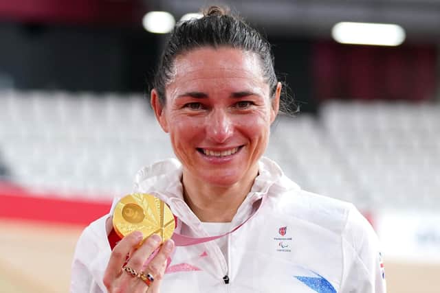 Great Britain's Sarah Storey celebrates with the gold medal after the Women's C5 3000m Individual Pursuit Gold Final at the Izu Velodrome. Picture: Tim Goode/PA