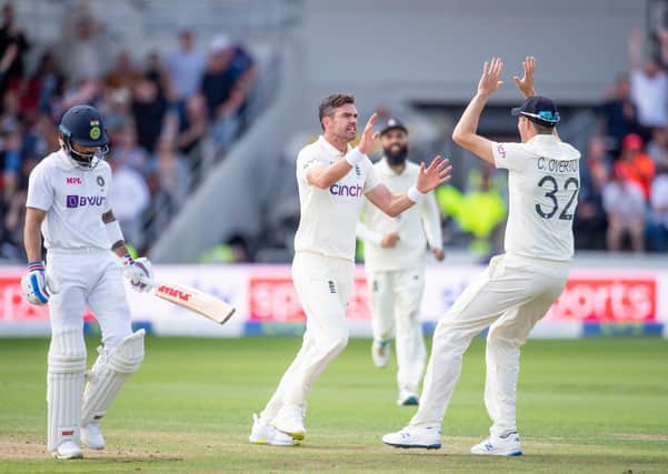 England's James Anderson celebrates dismissing India's Virat Kohli. Picture by Allan McKenzie/SWpix.com