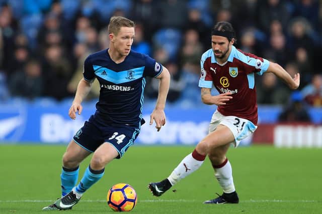 PROVING IT: Adam Forshaw battles for the ball  for Middlesbrough against Burnley's George Boyd (right) at Turf Moor in December 2016, the last season he played in the English top-flight. Picture: Tim Goode/PA