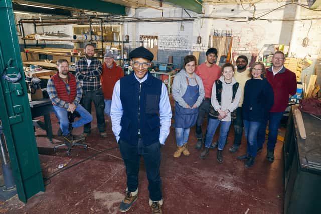 Jay's Yorkshire Workshop - Jay in the middle, Ant, Ciaran and Les on the left and Kate, Jabbar, Bec, Saf, Isabelle and Graham on the right  - (C) Ricochet - Photographer: Nicky Johnston