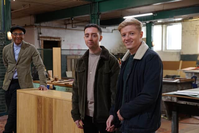 Jay Blades standing in the workshop with contributors Connor & Jack  - (C) Ricochet - Photographer: Andy Linfield