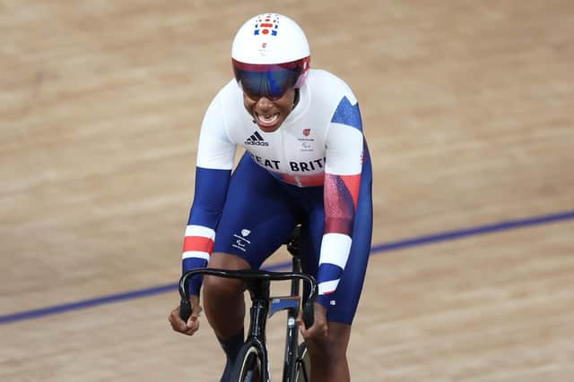 Kadeena Cox slows down after winning the women's C4-5 500m time trial at the Paralympics. Picture: Kiyoshi Ota/Getty Images.