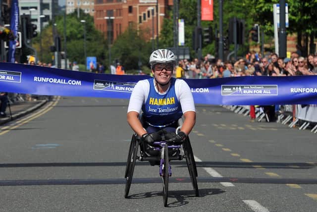 Paralympic athlete Hannah Cockroft finishes the  Leeds Run For All.  Picture: Tony Johnson.