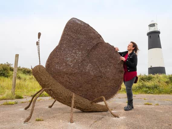 Artist Emma Stothard unveils her 8ft tall sculpture of a Green Hairstreak Butterfly, titled 'Spurn Butterfly', at Spurn Head