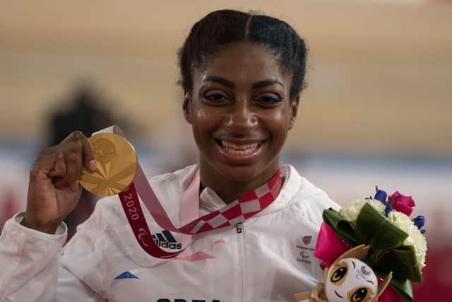GOLDEN GIRL: Great Britain's Kadeena Cox with her gold medal after winning the Women's C4-5 500m Time Trial. Picture: PA.