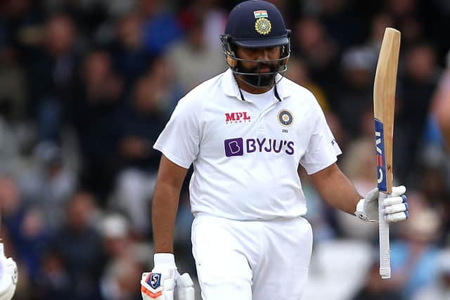 India's Rohit Sharma (right) celebrates reaching a half century during day three of the cinch Third Test match at the Emerald Headingley, Leeds. (Picture: PA)