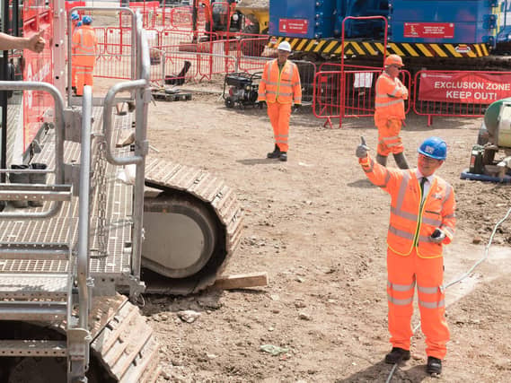 Transport Secretary Grant Shapps gives the signal for digging to begin at ongoing works at the HS2 'superhub' at Oak Common station in West London. Picture: PA/ Stefan Rousseau