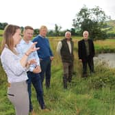 Rishi Sunak hears about how the scheme has worked with, from left, Marie Taylor, YDRT operations director; David Middlemiss YDRT CEO; Robert Brown YRDT trustee; Andy Whitell of Ribba Hall and Wes Wilcox and Dr Neale Hall of Dales Land Net – soil moisture monitoring equipment suppliers.