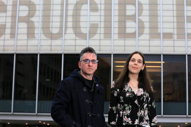 Richard Hawley with Chris Bush outside The Crucible Theatre, in Sheffield, at the launch of Standing at the Sky’s Edge in 2019. (Chris Etchells).
